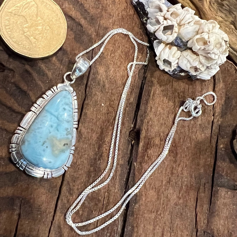 NWT Bali Thailand Larimar Sterling Silver Necklace Teardrop Pendant Gem Blue